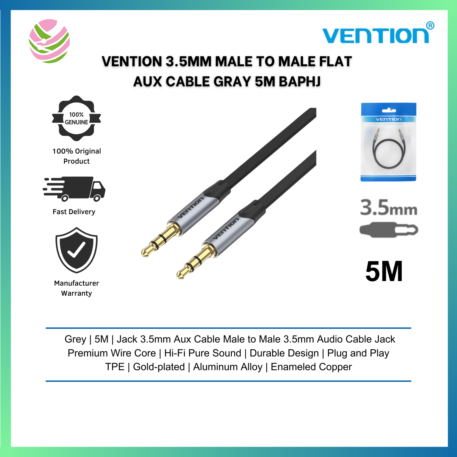 Vention BAWLJ Cotton Braided 3.5mm Male to Male Audio Cable 5M Blue Aluminum Alloy Type view 2
