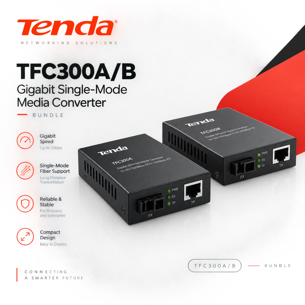 TENDA TFC300A/B Gigabit Single-Mode Media Converter Bundle
